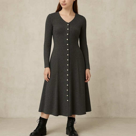 Vintage 90s Karen Alexander Dress M Gray Wool Blend Button Front‎ Knit USA - Picture 1 of 10